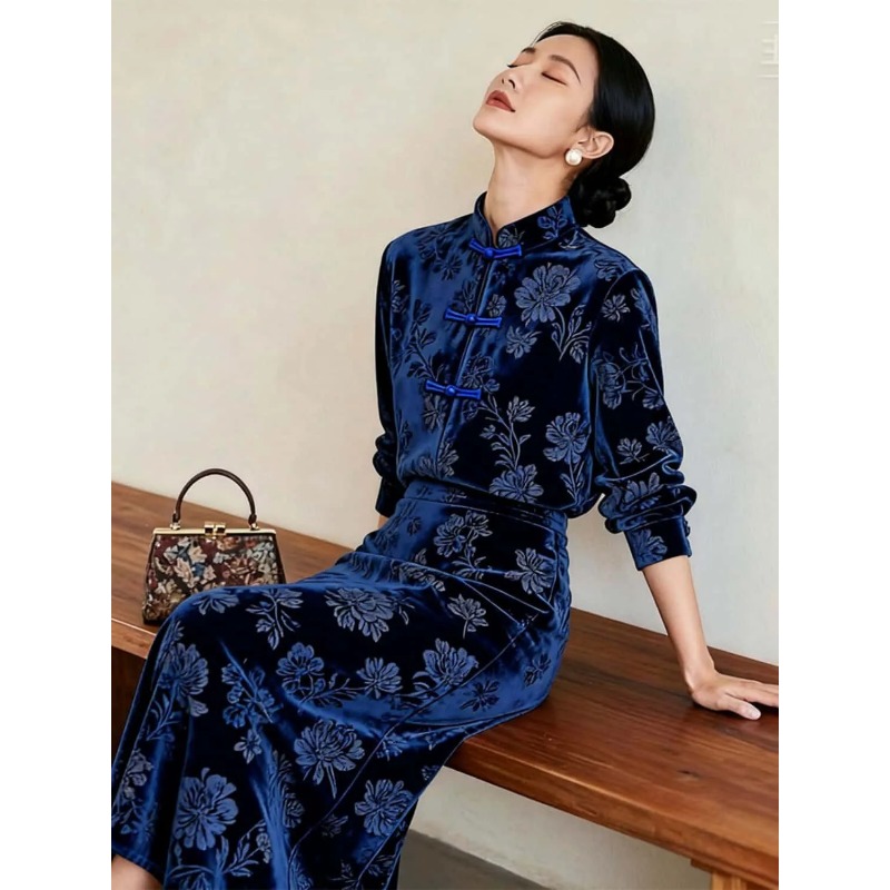 Women New Chinese Style Velvet - Midi Skirt Floral review and price