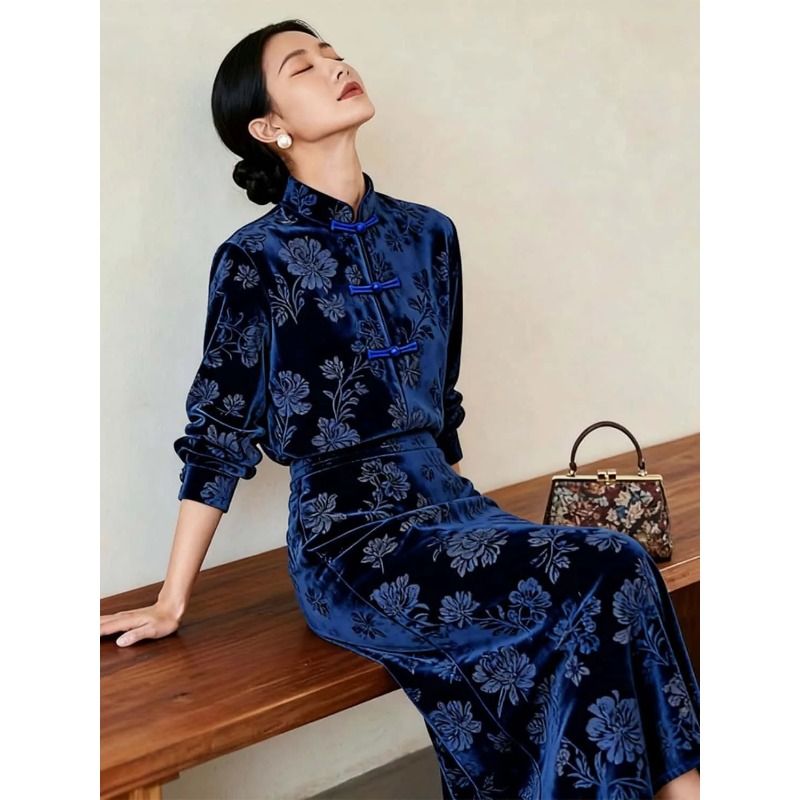 Women New Chinese Style Velvet - Midi Skirt Floral review and price