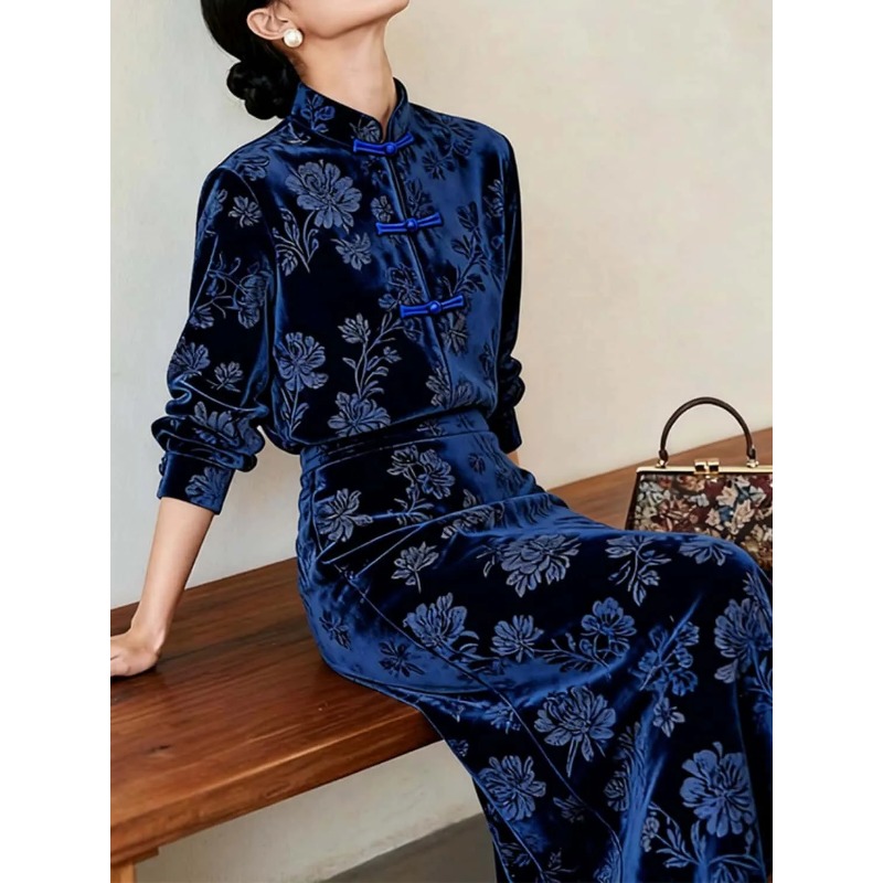 Women New Chinese Style Velvet - Midi Skirt Floral review and price